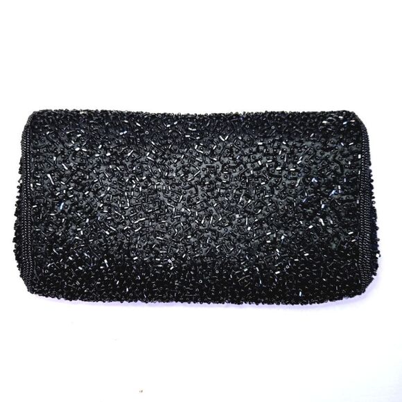 Vintage Seed Beaded Black Sequin Evening Envelope Clutch Purse - Picture 4 of 7